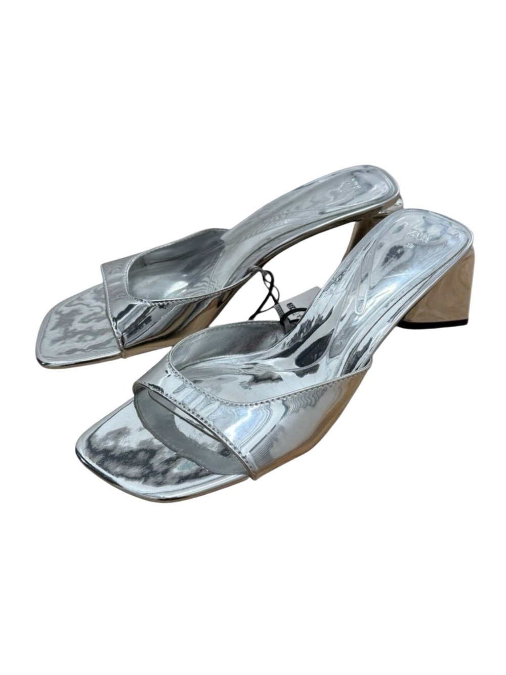 Zara Silver Leather Mule Heels Square Toe New With Tags